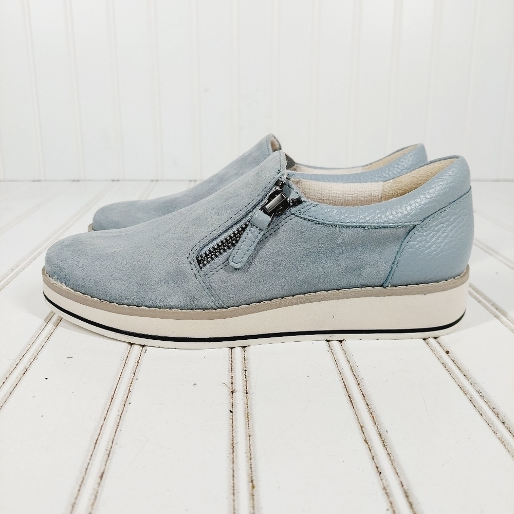 NEW 27 EDIT Devlin Blue Leather Slip On Side Zip Casual Athleisure Sneakers E383